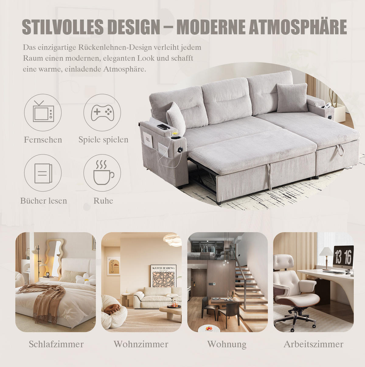 SOFA 212,5/136/86 cm in Hellgrau mit Stauraum, USB- und Type-C-Anschlüssen - Hellgrau, Textil (136/86/212.5cm) - Flora Grace