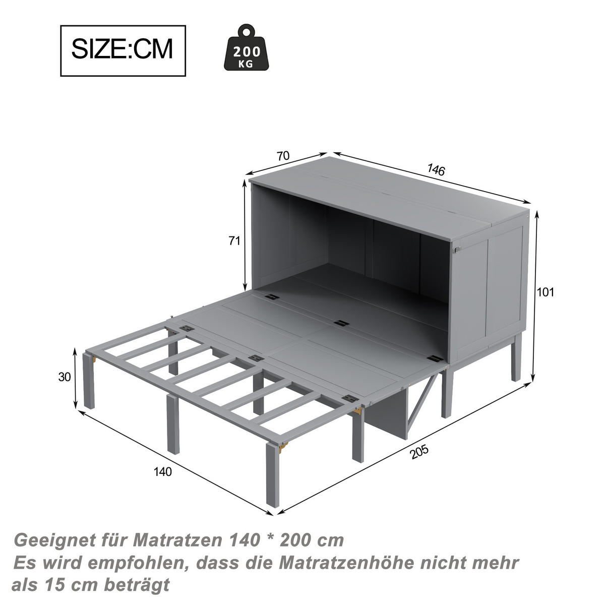 SCHRANKBETT 140/200 cm grau mit Lattenrost und Hochschrank-Design - Grau, Holz (140/200cm) - OKWISH