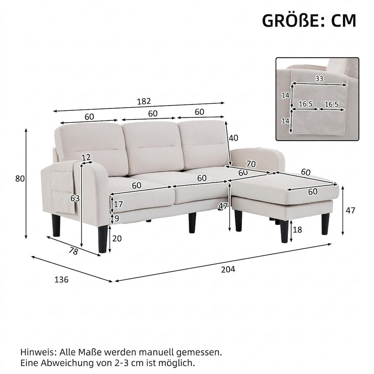 ECKSOFA 204/136/80 cm Beige mit Chaiselongue und Aufbewahrungstasche - Beige, Textil (204/136cm) - Oxeza