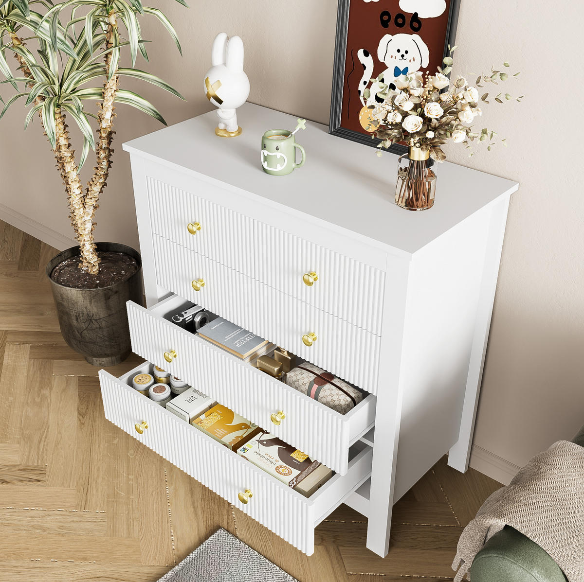 SIDEBOARD 79/39,5/80,5 cm aus Spanplatte mit 5 Schubladen und Goldgriffen Weiß - Weiß, Holzwerkstoff (79/80.5/39.5cm) - Modenvie