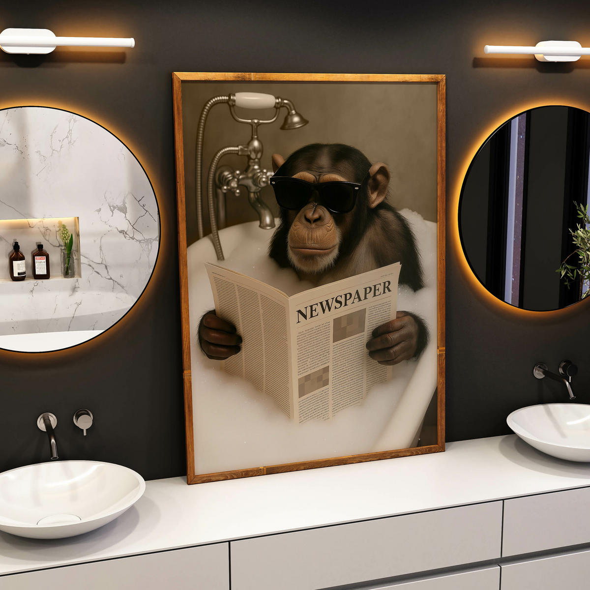 POSTER für Badezimmer WC SCHIMPANSE in Badewanne Affe mit Zeitung Abstraktion 30x40cm - Beige/Schwarz, Papier (30/40/40cm) - Muralo