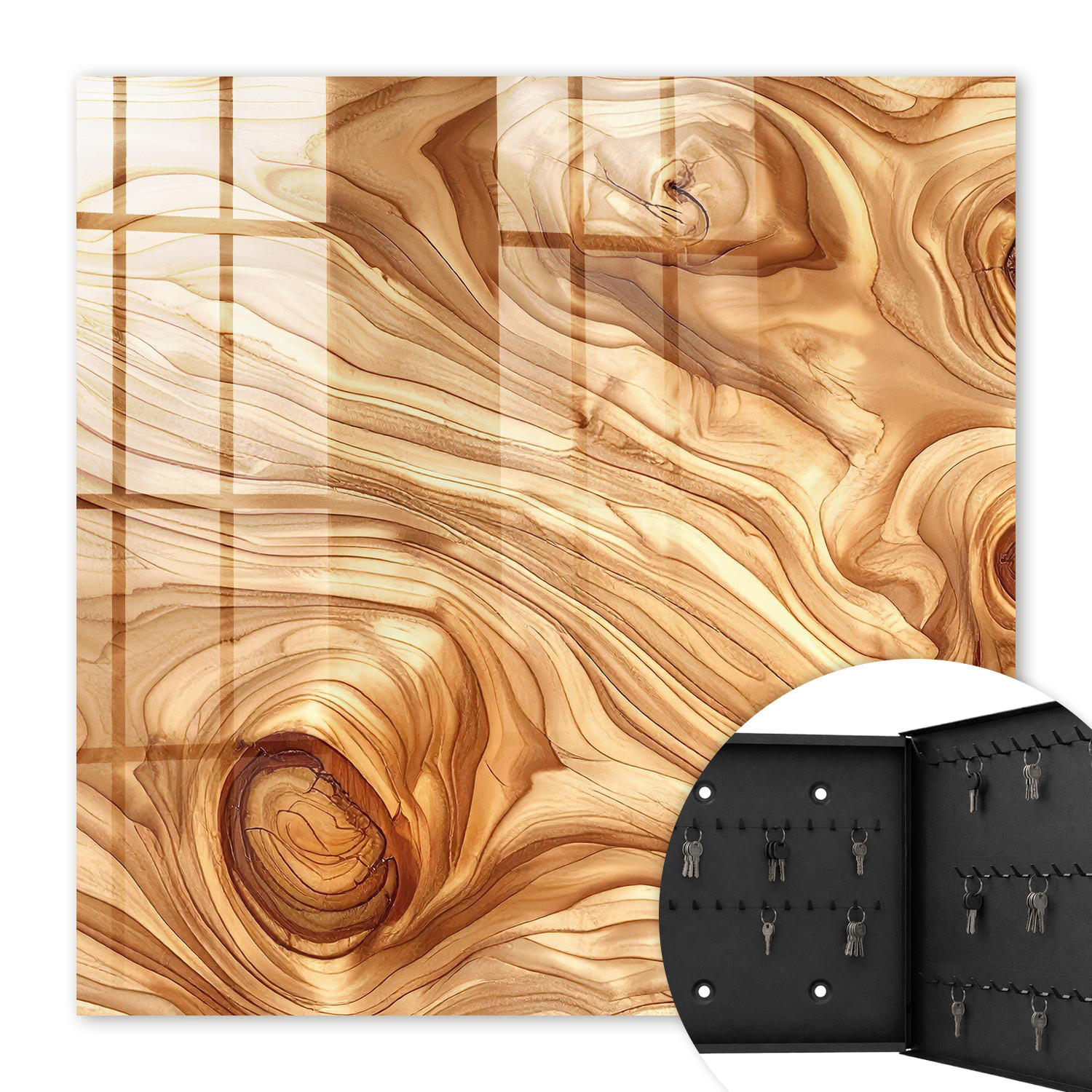 SCHLÜSSELBOX Schwarz 30x30 cm- Türöffnung nach rechts - Holzwellen - Braun, Metall (30/30/5cm) - TULUP
