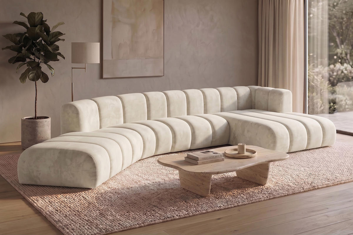 ECKSOFA Modulares In L-Form, Velvet-Stoff Riviera, Ecru, Rechts, GRAND Round - Creme, Holz (445/179cm) - Kaiser Möbel
