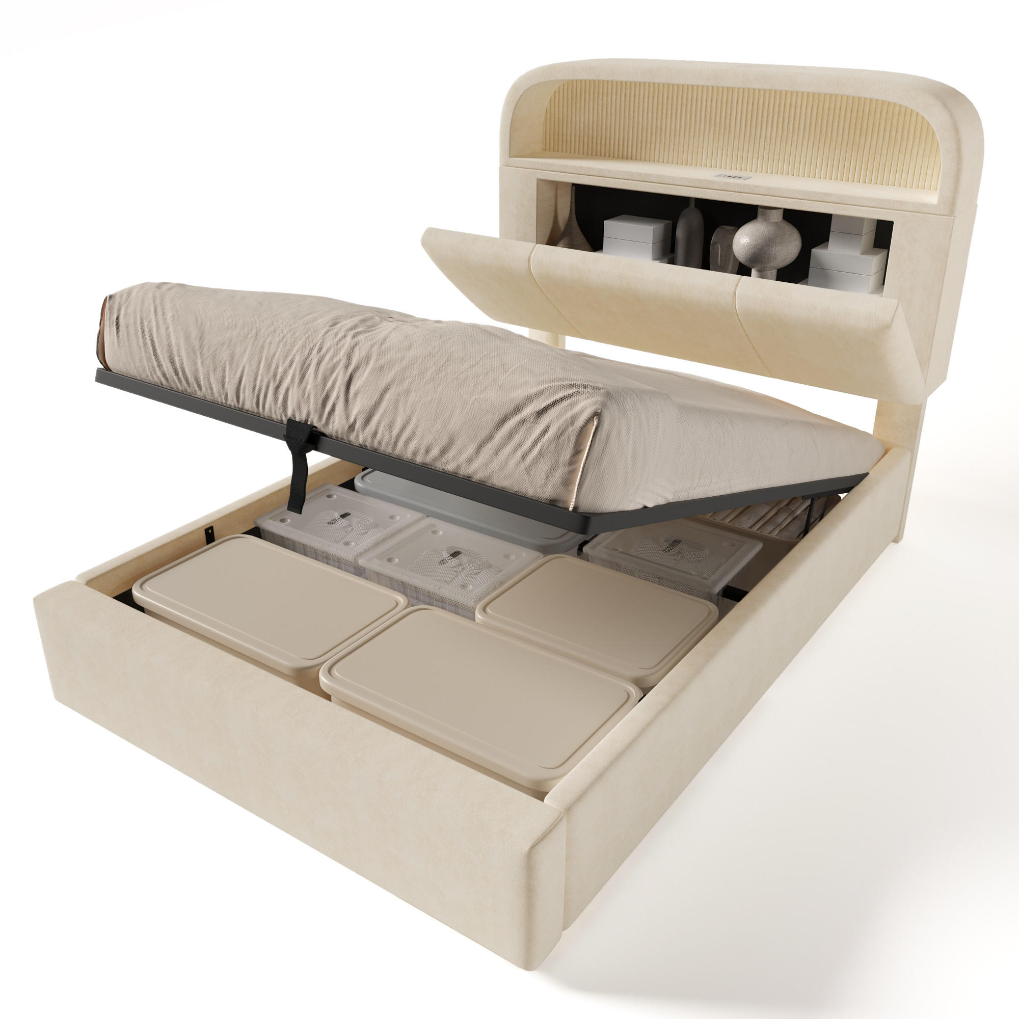 POLSTERBETT 90/200 cm mit hydraulischem Bettkasten, LED & USB/Type-C, Samt Beige - Beige, Textil (90/200cm) - Redom
