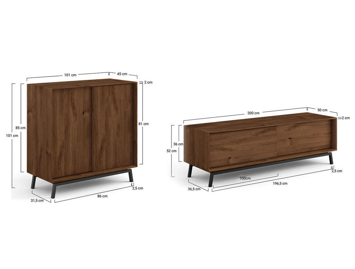 WOHNWAND 2er-Set Modern Loft Eiche Tabak 301 / 50 / 101cm - Eichefarben/Dunkelbraun, Holz/Metall (301/101/50cm) - Feldmann-Wohnen