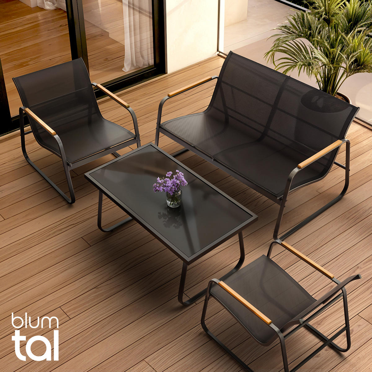 GARTENMÖBEL 4er Set, 2 Sessel 1 Tisch und 1 Bank, Anthrazit - Anthrazit, Metall - Blumtal