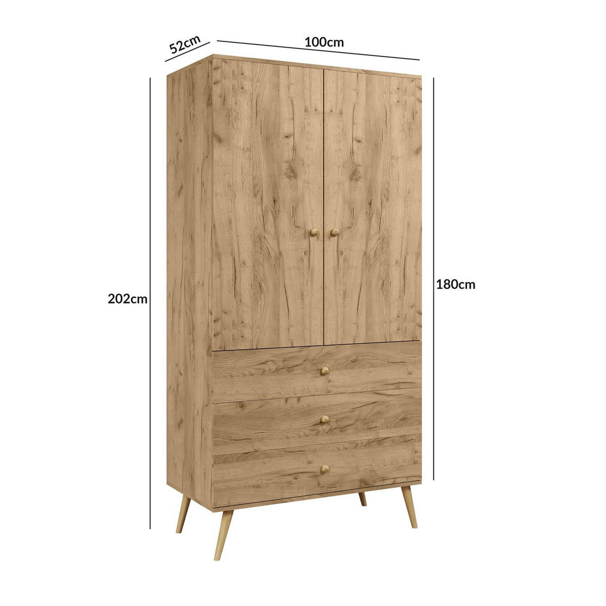 KLEIDERSCHRANK Ikon Braun, zweitüriger Kleiderschrank mit Schubladen - Braun, Holzwerkstoff (100/202/52cm) - Bettso