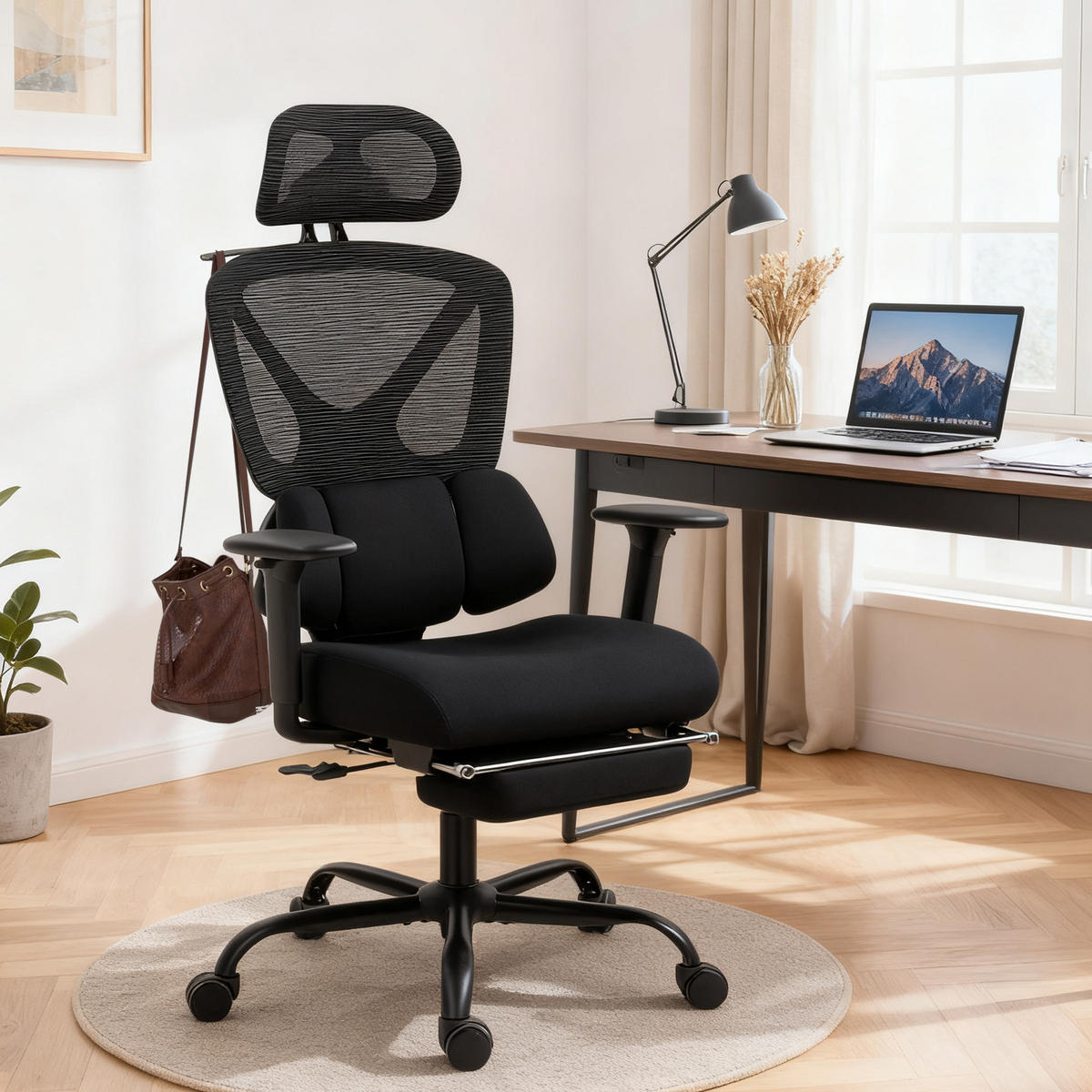 BÜROSTUHL ergonomisch mit Netzstoff, verstellbare Kopfstütze - Schwarz, Kunststoff/Textil (73/128/75cm) - HOMCOM