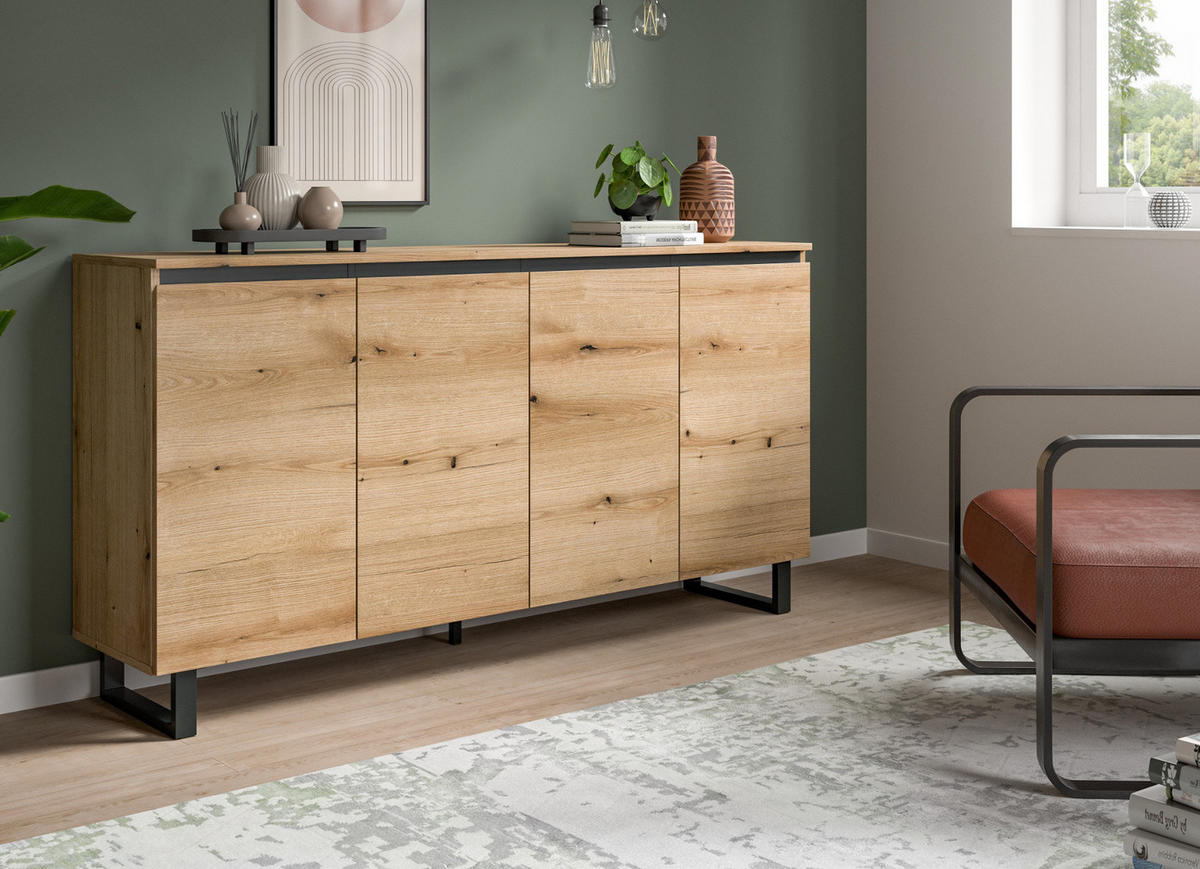 SIDEBOARD Evoke Eiche mit schwarz, Kommode 160 x 84 cm mit Soft-Close, Gelia - Eichefarben/Schwarz, Holzwerkstoff/Metall (160/84/36cm) - Inn.Furn