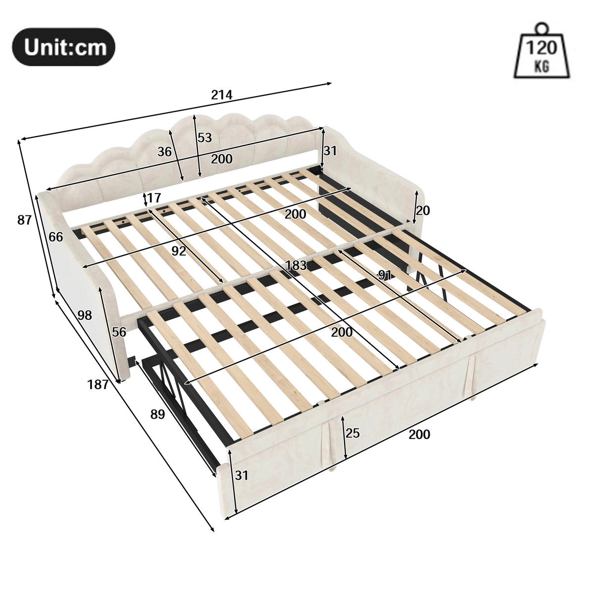 TAGESBETT 90/200 cm Beige mit ausziehbarem Bett und LED-Beleuchtung - Beige, Textil (90/200cm) - OKWISH