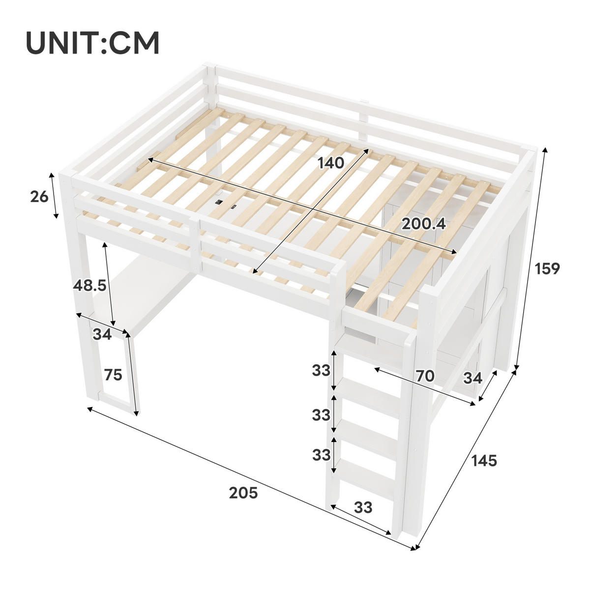 HOCHBETT aus Kiefernholz 140x200 cm Weiß mit Schreibtisch, Kleiderschrank, USB-Anschluss und LED-Beleuchtung - Weiß, Holzwerkstoff (140/200cm) - Modfu