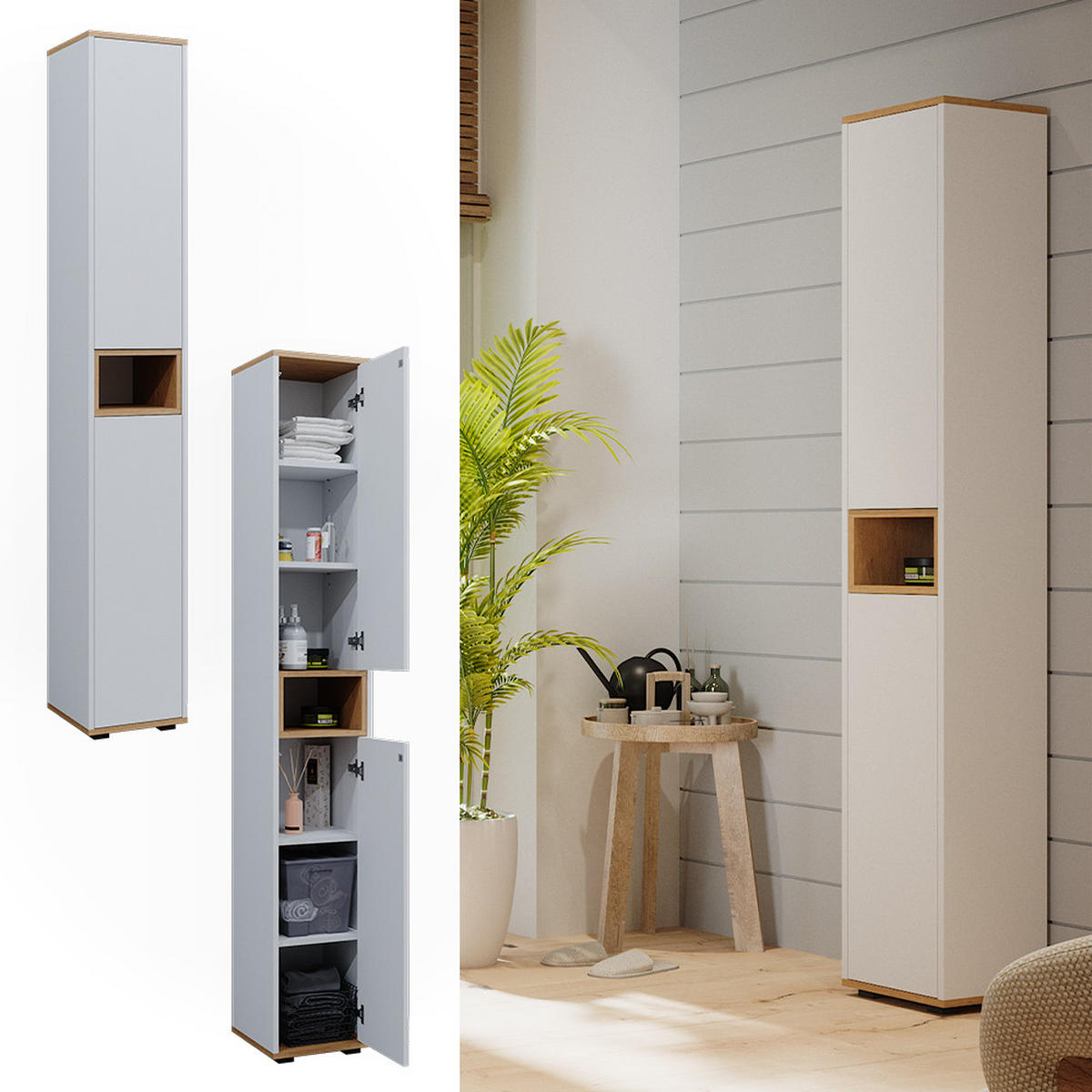 BADSCHRANK Didi Weiß/Artisan 30 x 192 cm mit 2 Türen - Weiß, Holzwerkstoff (30/192/30cm) - Vicco