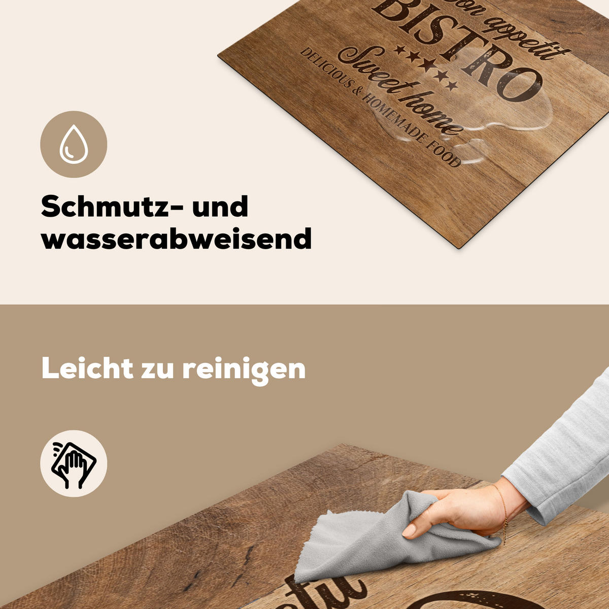 HERDABDECKPLATTE Zitat - Bistro - Guten Appetit - Süßes Zuhause - Holzmaserung 59x51 cm - Braun, Kunststoff (59/0.2/51cm) - MuchoWow