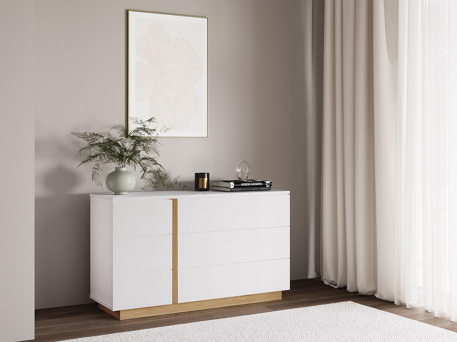 Thumbnail - Vente-Unique Kommode, Weiß, Natur, Holz, 6 Schubladen, Rechteckig, 120x70x39 cm, Wohnzimmer, Kommoden & Sideboards, Komm...