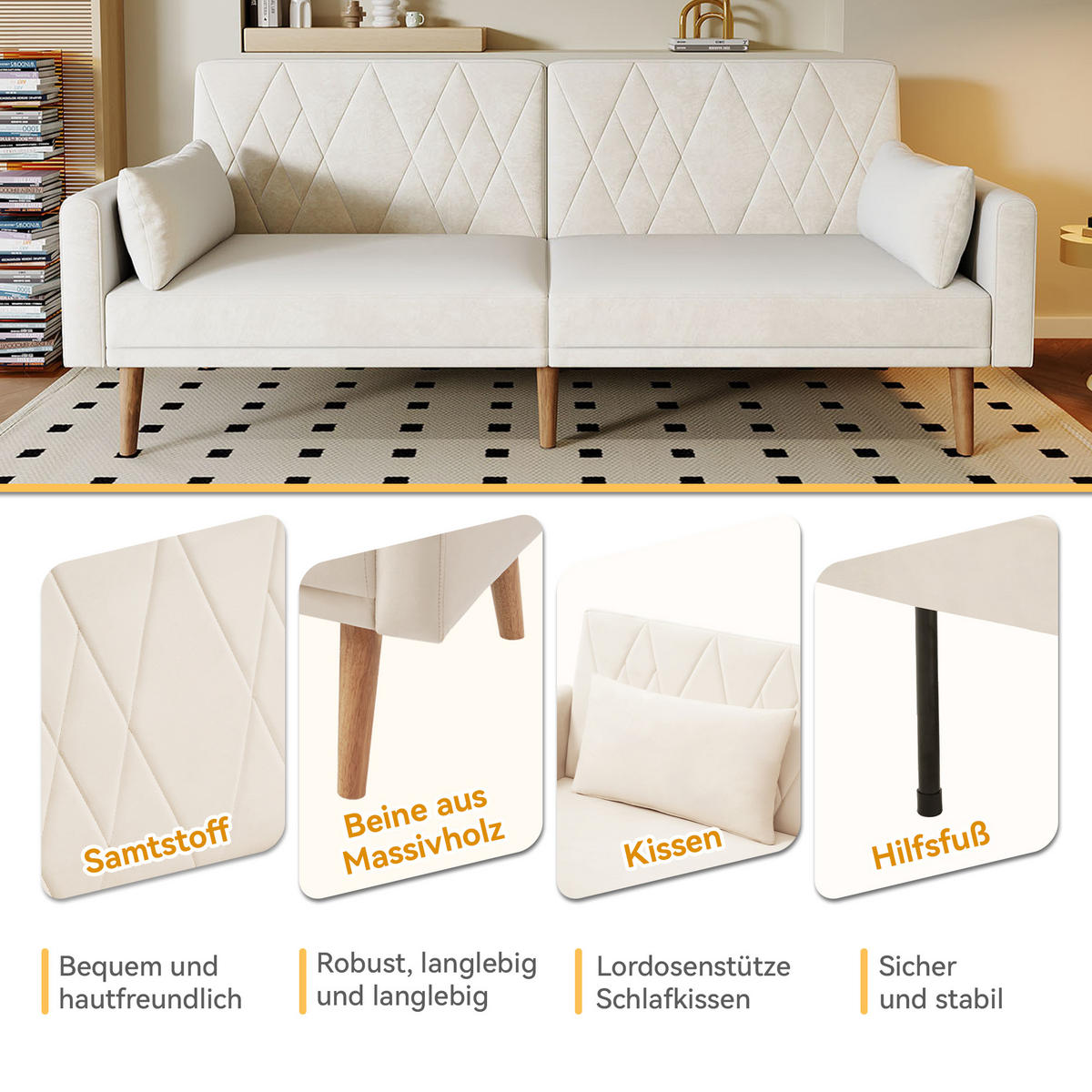 SCHLAFSOFA Samt mit verstellbarer Rückenlehne und Armlehnen Beige 180/75/82 cm - Beige, Textil (82/75/180cm) - Redom