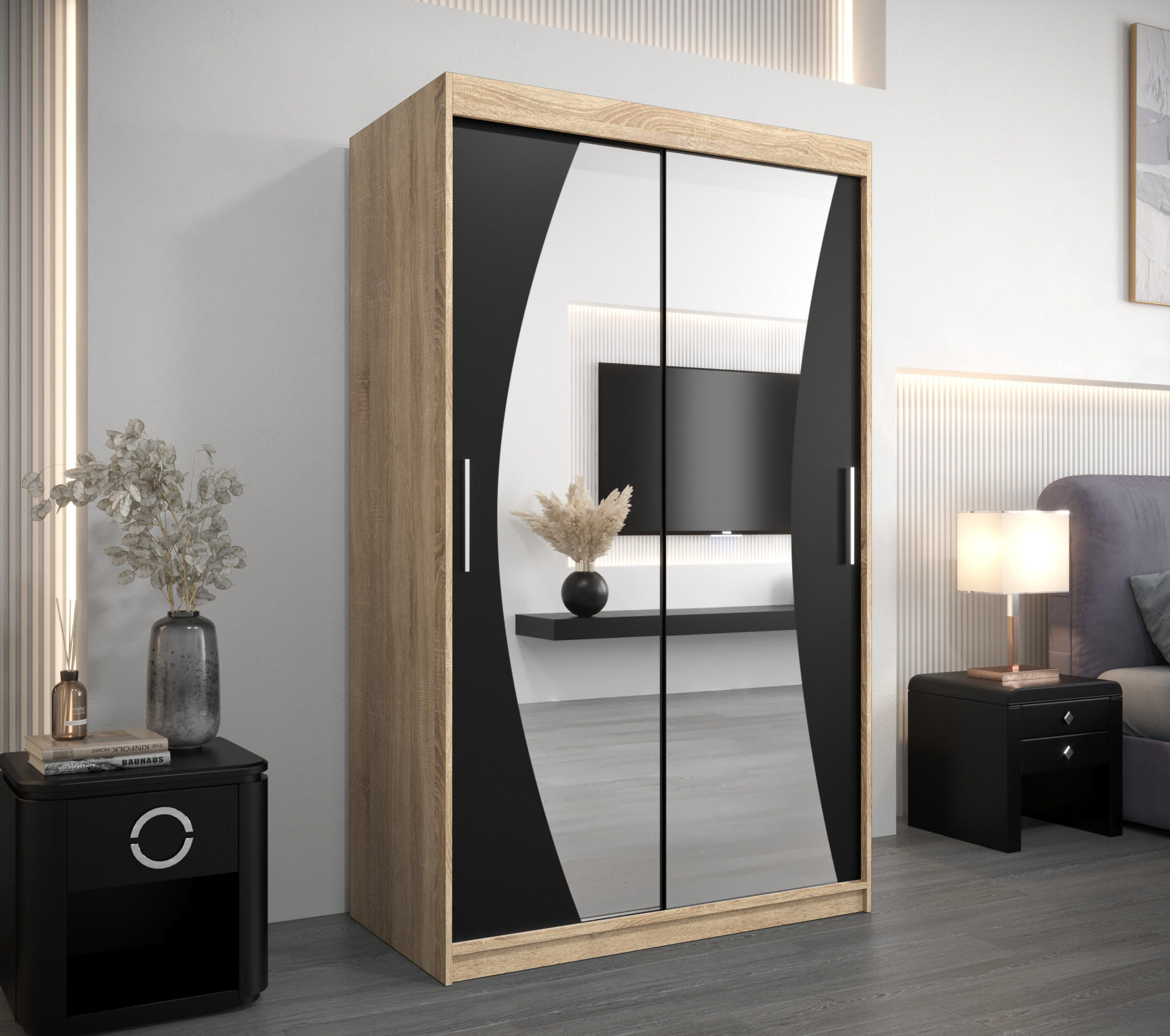 SCHWEBETÜRENSCHRANK 200/120/62 2-türig - Silberfarben/Schwarz, Holz/Kunststoff (120/200/62cm) - Abiks Möbel