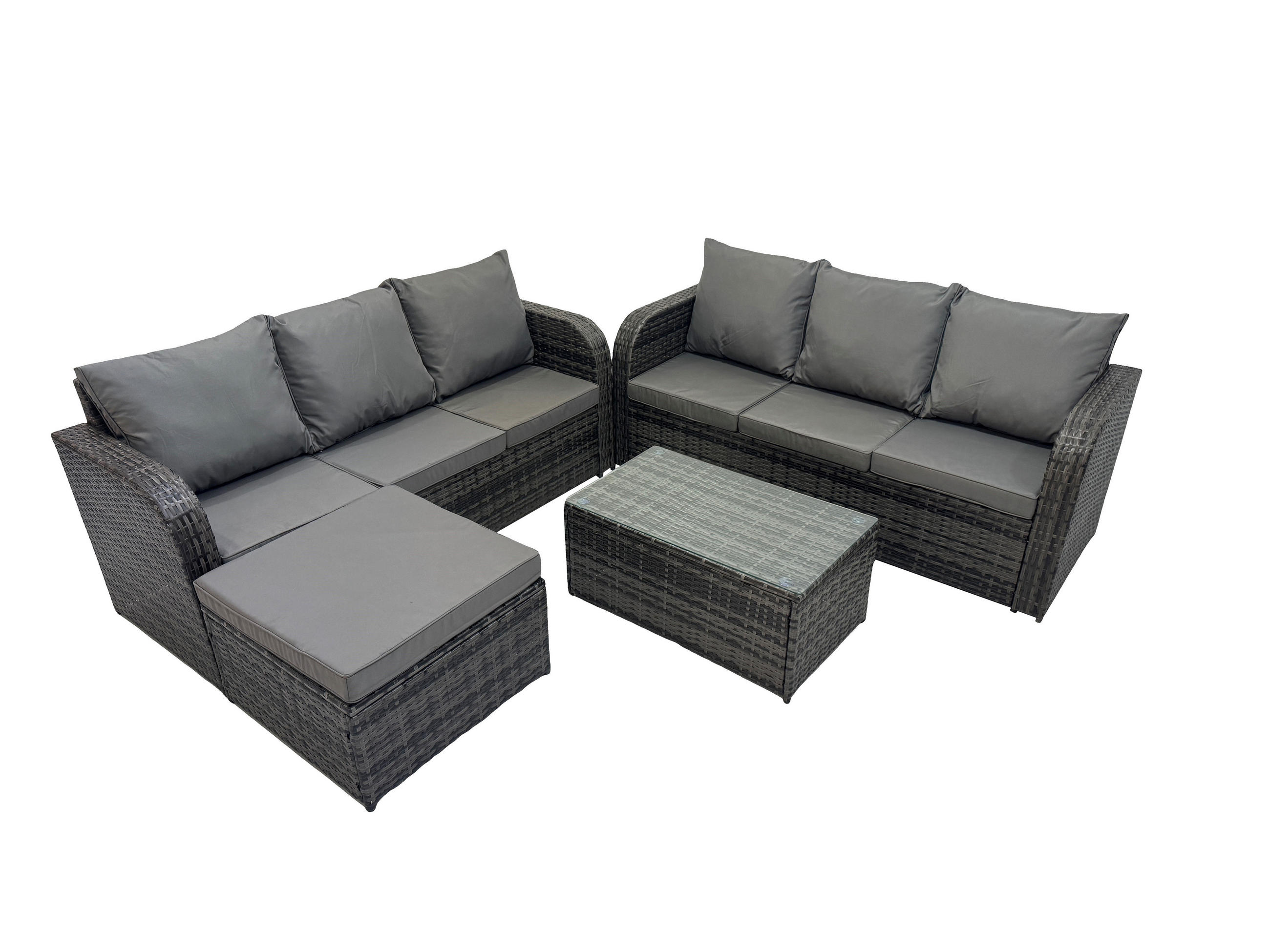 GARTENMÖBEL-SET mit Kissen Polyrattan Dunkelgrau 7-Sitzer - Dunkelgrau/Grau, Glas/Kunststoff - Fimous