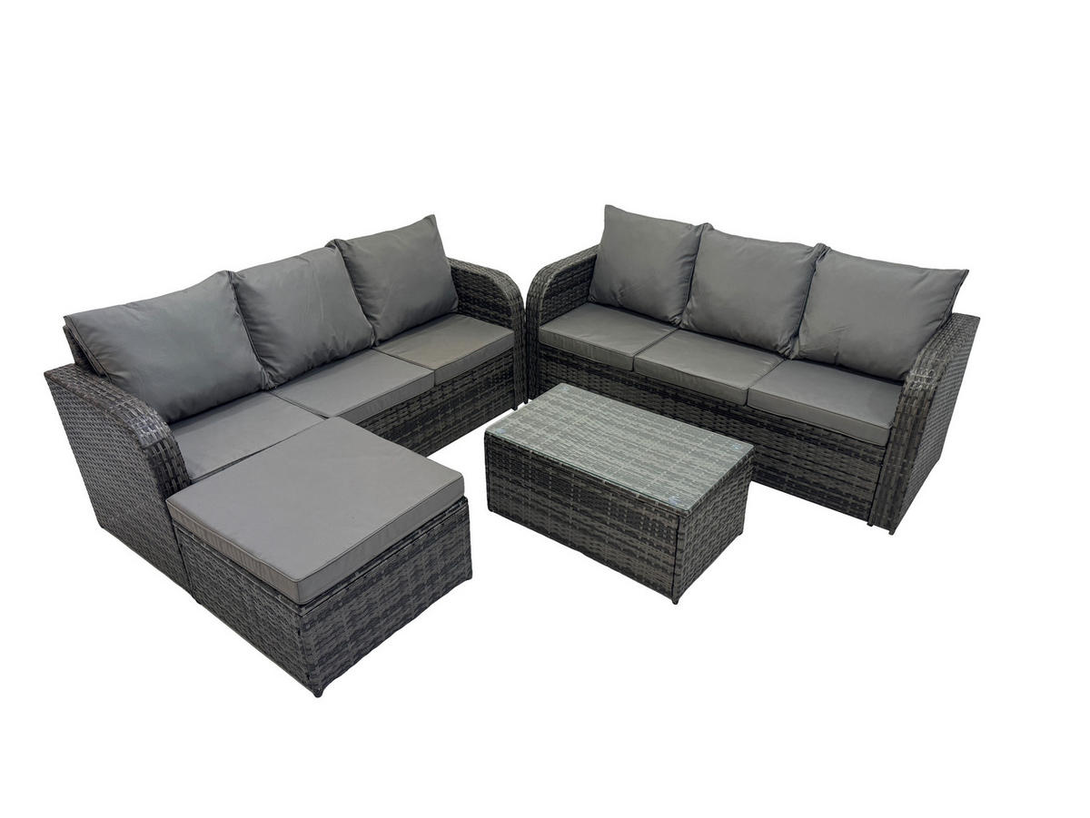 GARTENMÖBEL-SET mit Kissen Polyrattan Dunkelgrau 7-Sitzer - Dunkelgrau/Grau, Glas/Kunststoff - Fimous