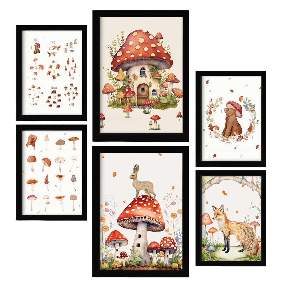 POSTER Set Mit 6 Pilzfantasie A3 & A4 Schwarzer Rahmen - Schwarz, Papier (29/3cm) - Nacnic
