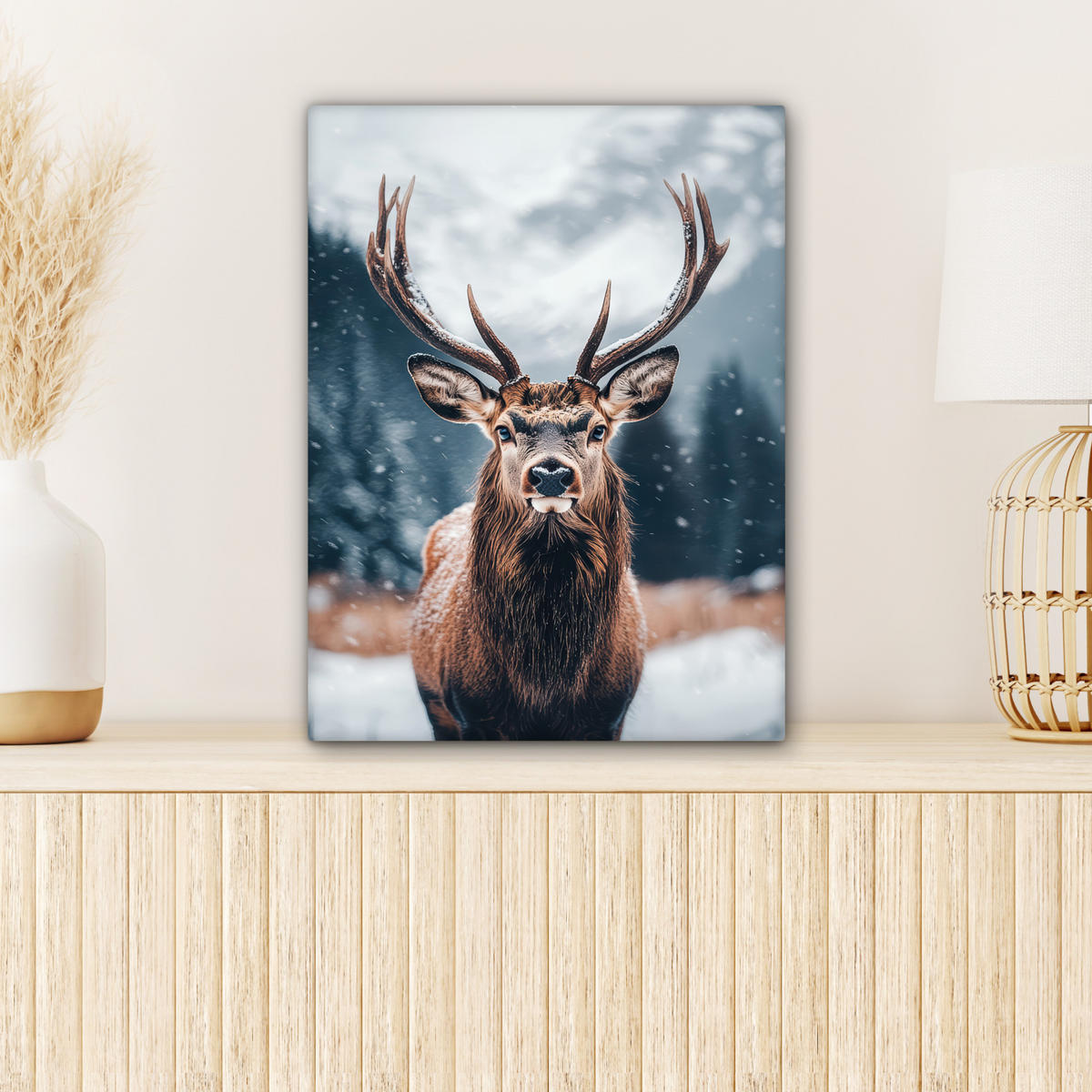 LEINWANDBILD Hirsche - Tiere - Landschaft - Winter - Schnee 30x40 cm - Kastanienfarben, Textil (30/40cm) - MuchoWow