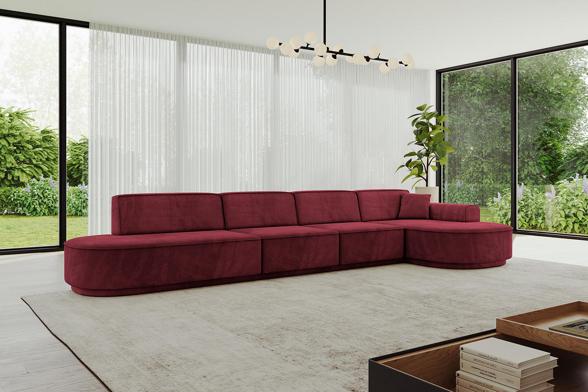 ECKSOFA Ottomane Rechts MARI-L3-v3 - 402x163x81 cm Bordeaux Velours - Bordeaux/Schwarz, Holzwerkstoff/Kunststoff (402/163cm) - ALTDECOR