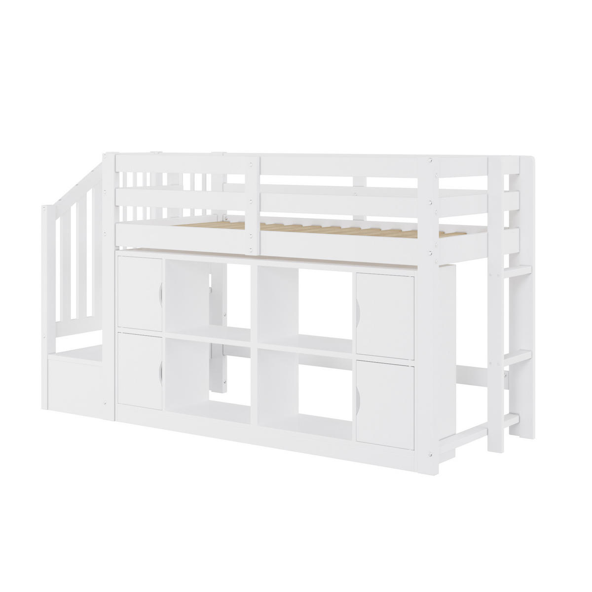 HOCHBETT 90 x 200 cm mit Ablagefächern, Schränken, Treppe mit Stauraum und LED-Beleuchtung, Weiß - Weiß, Holz (90/200cm) - KOMHTOM