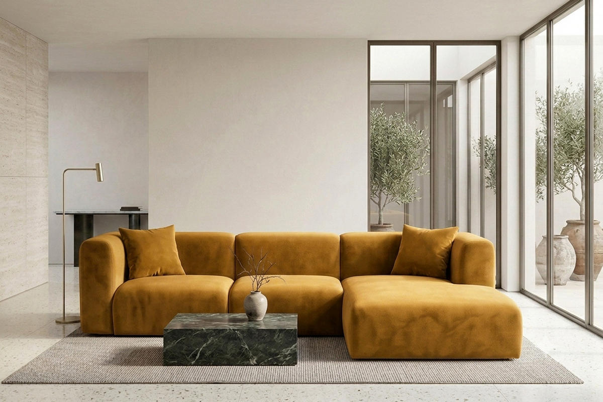 ECKSOFA L-Form, Velvet-Stoff Bluvel, Golden, Rechts, GRETA - Goldfarben, Holz (318/179cm) - Kaiser Möbel