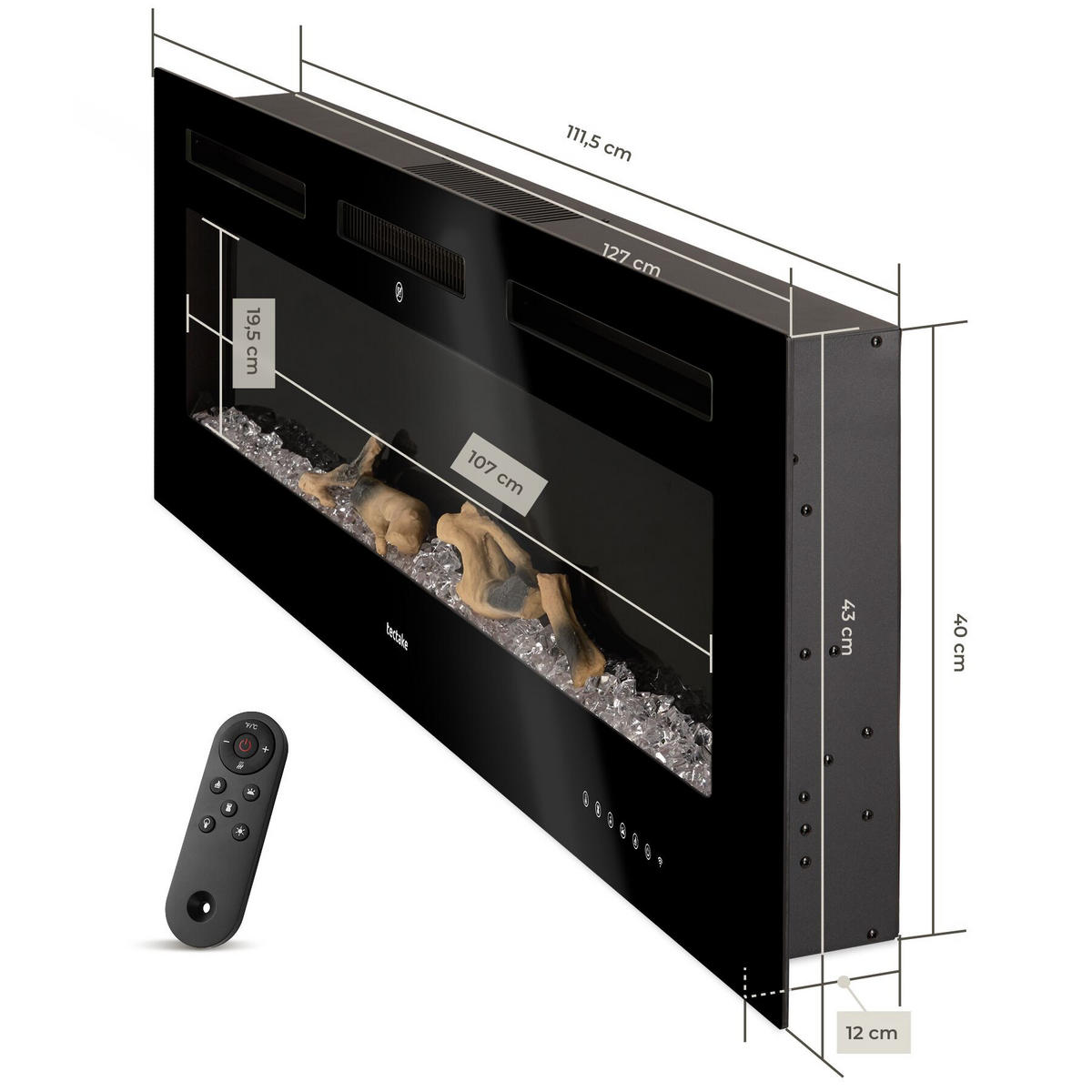 ELEKTRO-WANDKAMIN Luci, mit Fernbedienung und App-Steuerung, integriertes Thermostat, schwarz - Schwarz, Metall (127/43/12cm) - tectake