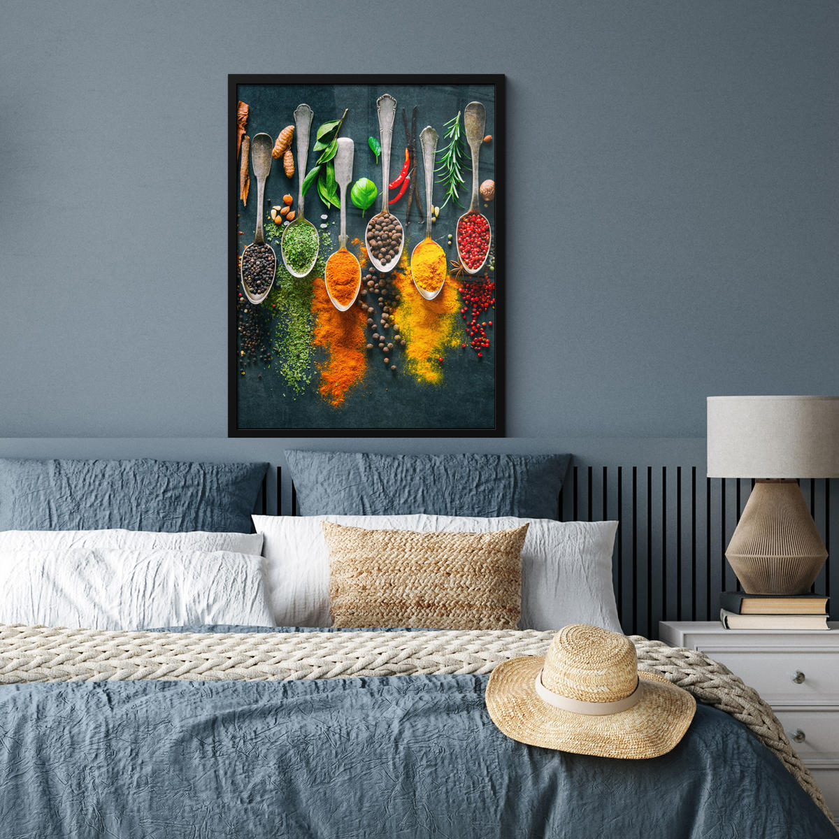 GERAHMTES BILD Kräuter - Gewürze - Löffel 60x80 cm - Currygelb, Papier (60/80cm) - MuchoWow