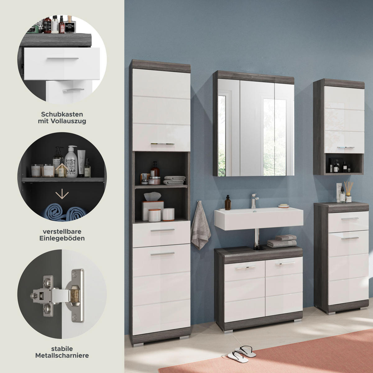 BADKOMBINATION 5tlg. Scout Bad in Rauchsilber Nachbildung und weiß hochglanz B/H/T: 164x191x34 cm - Anthrazit, Holz (164/191/34cm)