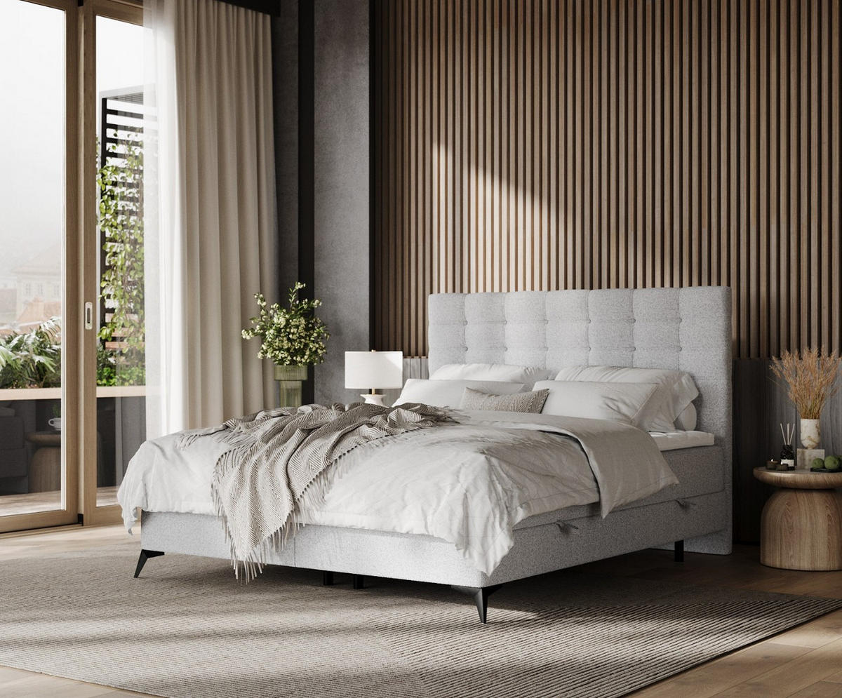 BOXBETT Niro 160/200 cm Hellgrau im Riva Stoff - Hellgrau/Schwarz, Holz/Holzwerkstoff (160/200cm) - AltaBeds