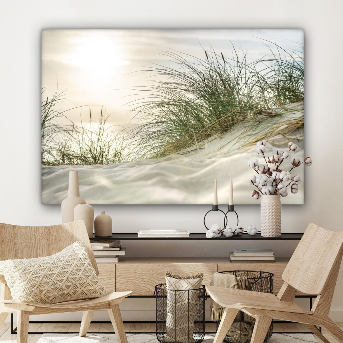 LEINWANDBILD Dünen mit Strandhafer in der Sonne des Nationalparks Schleswig-Holsteinisches Wattenmeer Wohnzimmer 120x80 cm - Creme, Textil (120/80cm) - MuchoWow