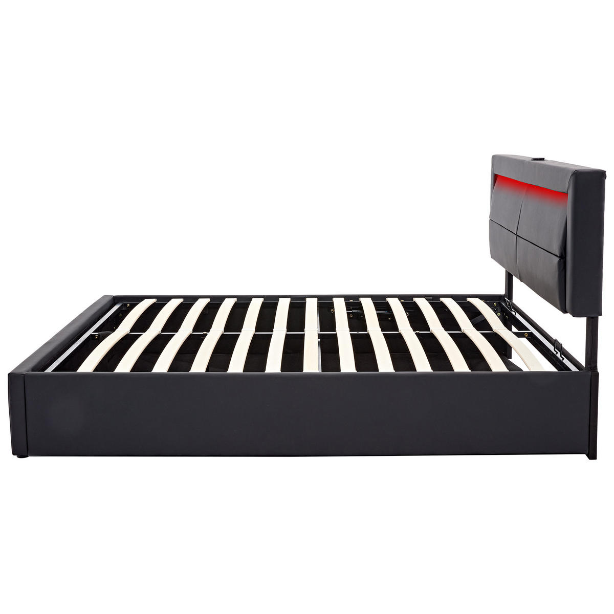 POLSTERBETT Schwarz 140x190 LED USB Stauraum PU Lychee - Schwarz, Leder (140/190cm) - FLIEKS