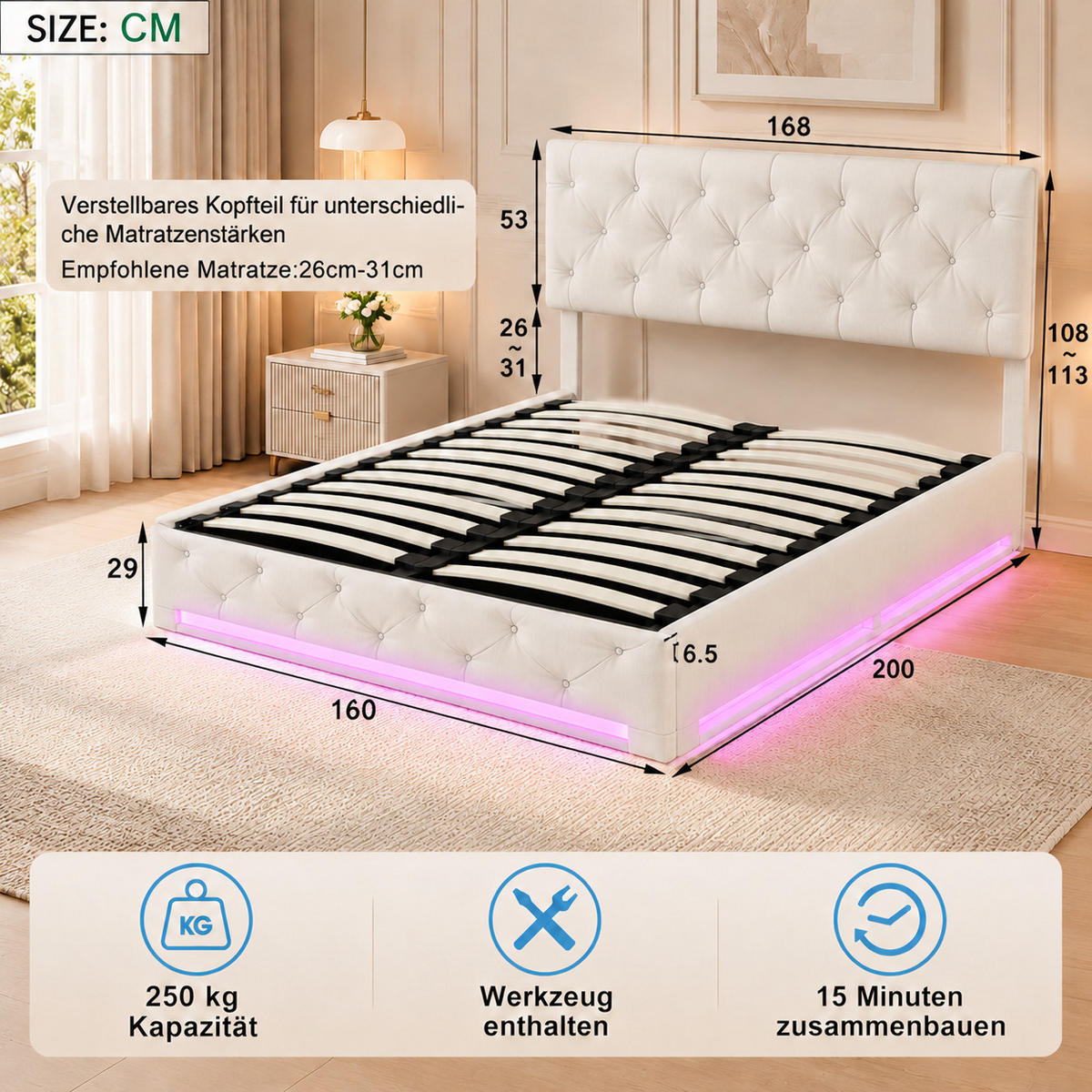 POLSTERBETT 160/200 cm mit Hydraulik-Stauraum & LED-Beleuchtung - Beige, Holz/Metall (160/200cm) - Joyfair