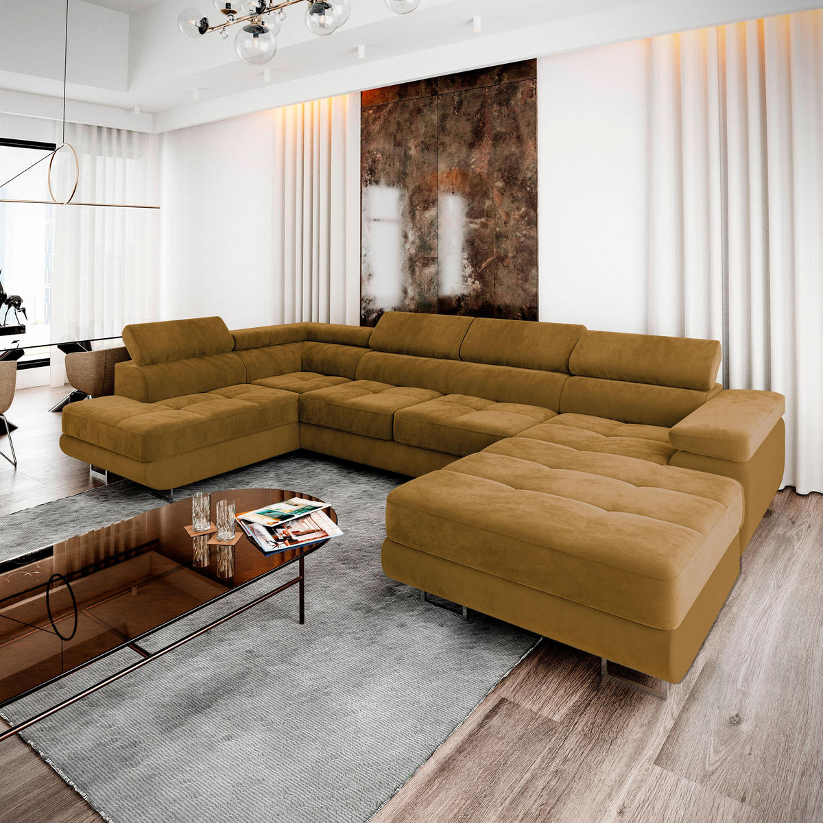 WOHNLANDSCHAFT CASONE L-S Gelb Velours-Stoff mit Schlaffunktion - Gelb, Holz (345/90/202cm) - MASSENO