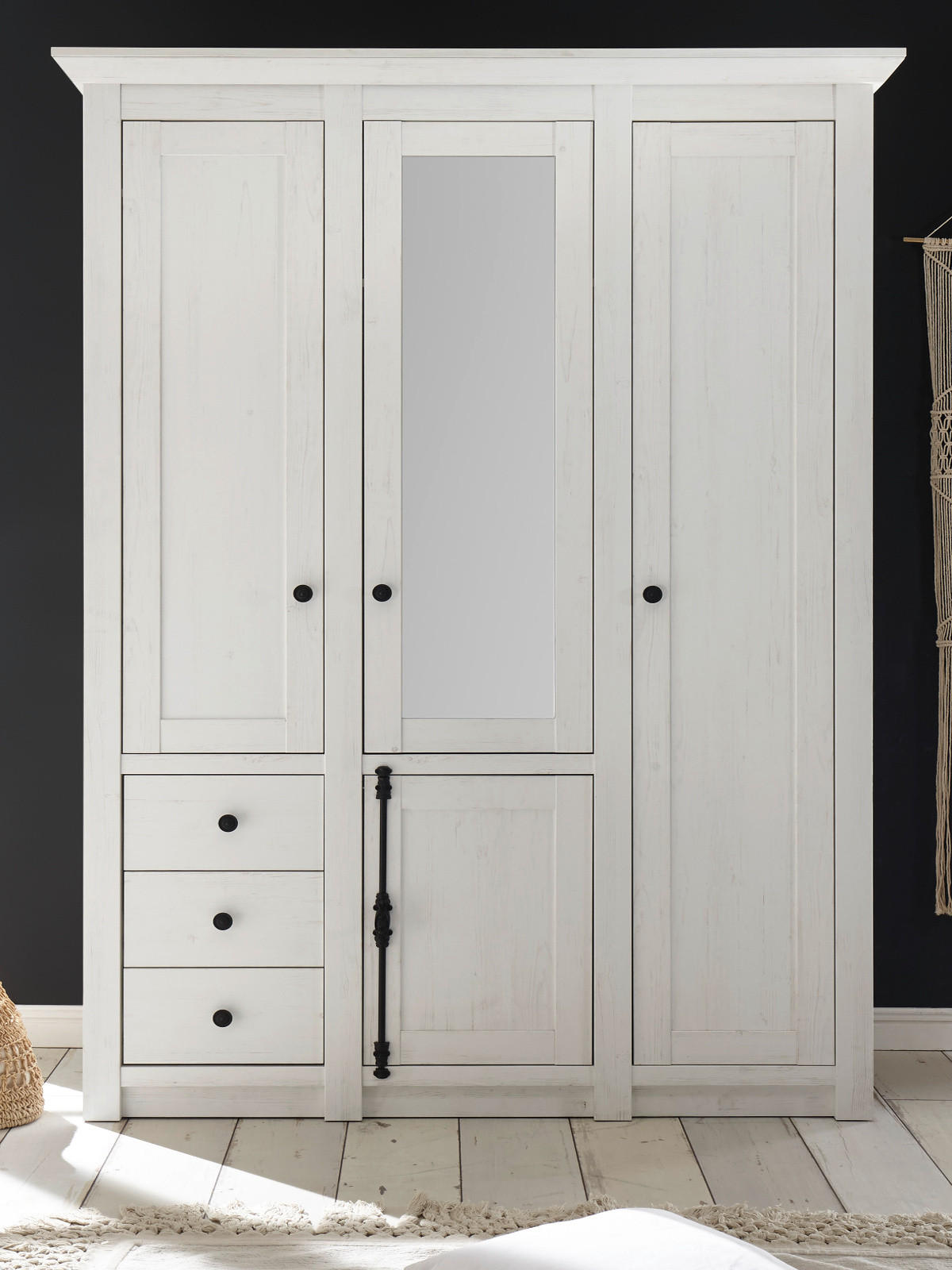 KLEIDERSCHRANK Pinie weiß 147 x 206 cm, Drehtürenschrank mit Spiegel - Schwarz/Weiß, Glas/Holzwerkstoff (147/206/64cm) - Furn.Design