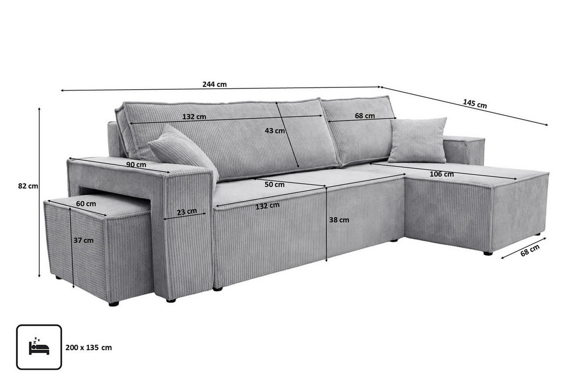 ECKSOFA Mit Schlaffunktion Und Pouf, Cordstoff Poso, Hellgrau, Rechts, Best L Mit Pouf - Hellgrau, Holz (244/145cm) - Kaiser Möbel