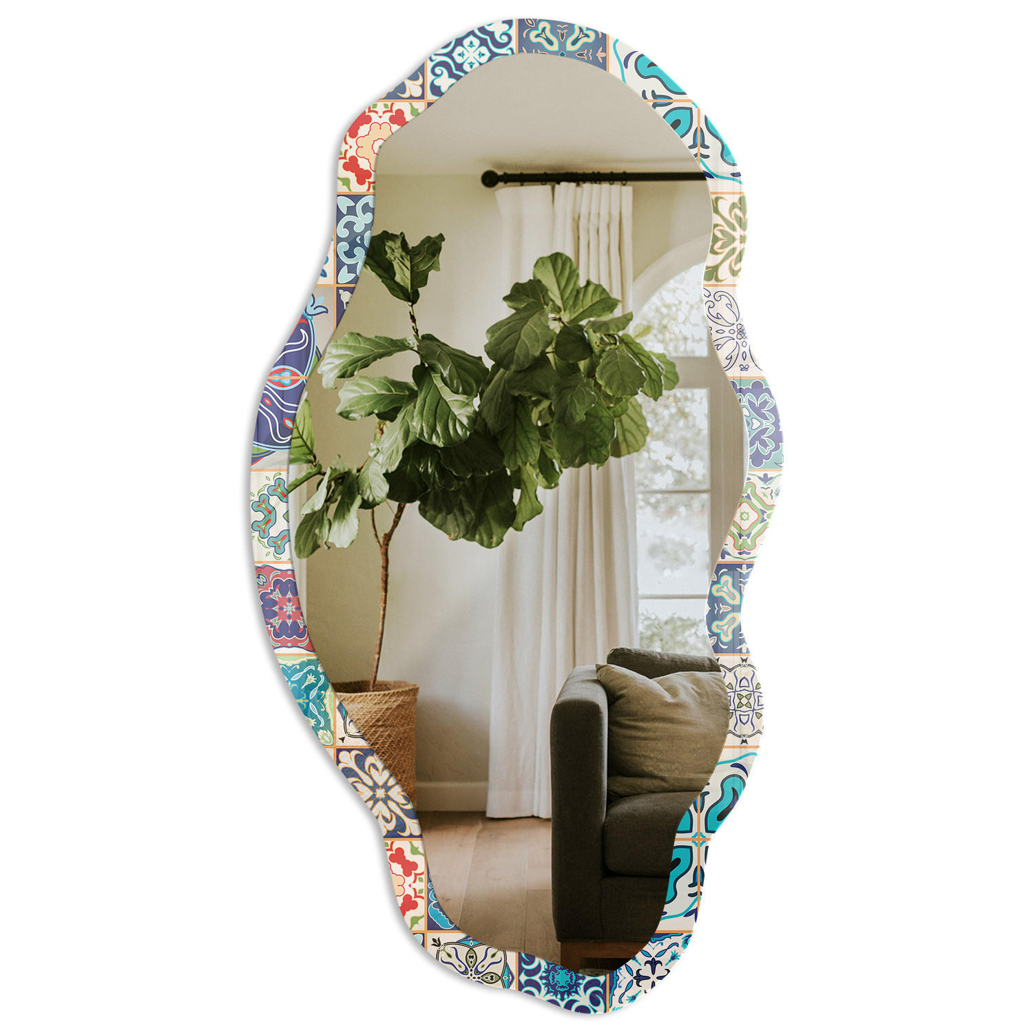 SPIEGEL 90x45 cm asymmetrisch mit Druck - Bunte Fliesen - Transparent, Glas (45/90/0.4cm) - TULUP