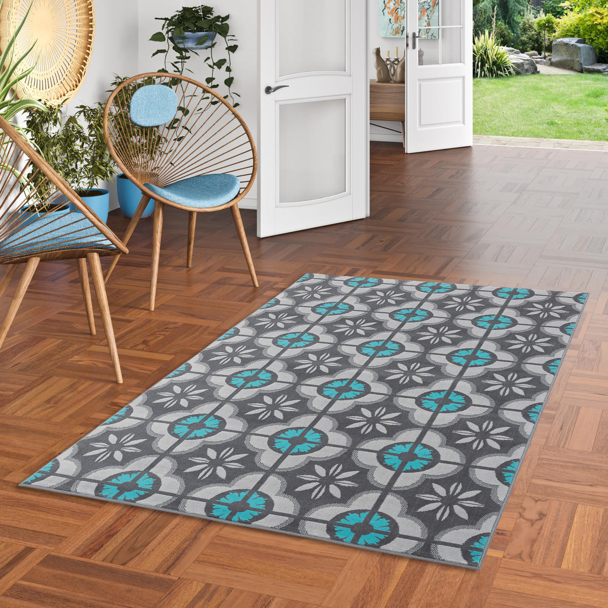 DESIGNER TEPPICH SAMBA MODERN FLIESENOPTIK - Türkis/Grau, Textil (120/170cm) - Pergamon