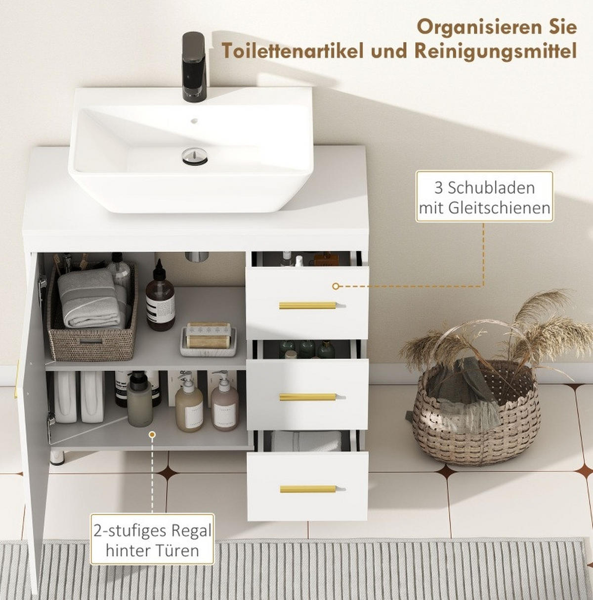 WASCHTISCHKOMBI 70/65/30 cm Weiß aus MDF und Spanplatte mit Soft-Close-Scharnieren - Weiß, Holzwerkstoff (70/65/30cm) - OKMYHOME