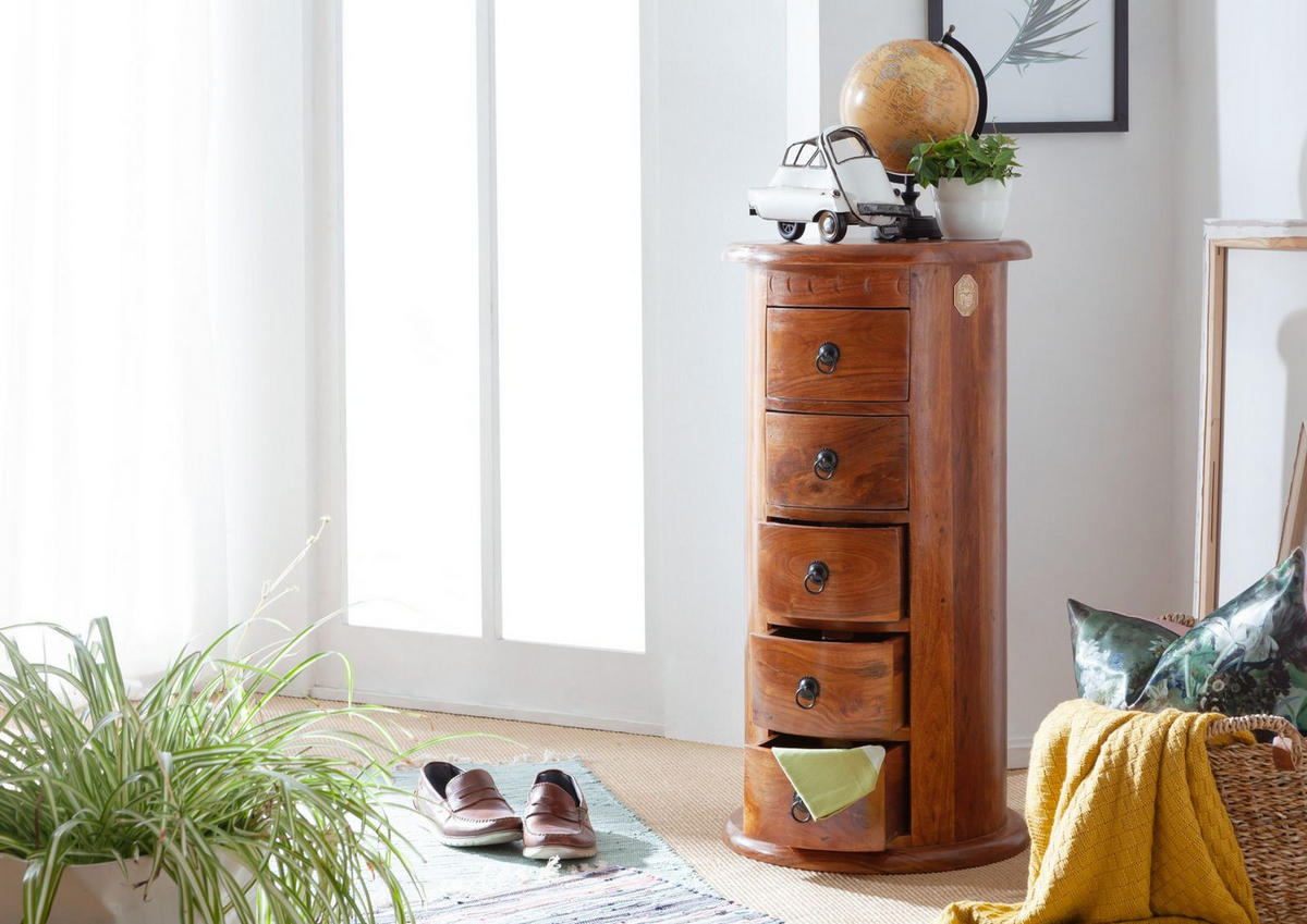 KOMMODE rund Akazie 45x45x88 honig lackiert OXFORD #0338 - Braun, Holz (45/88/45cm) - Massivmoebel24