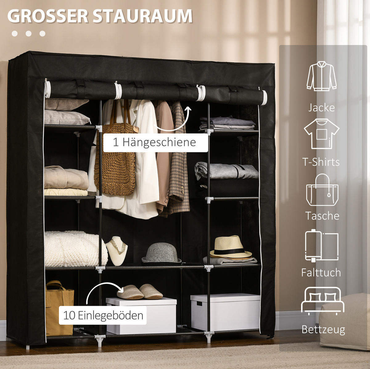 STOFFSCHRANK 150/43/162,5 cm schwarz aus Stahl mit Kleiderstange - Schwarz, Holzwerkstoff (150/162.5/43cm) - OKWISH
