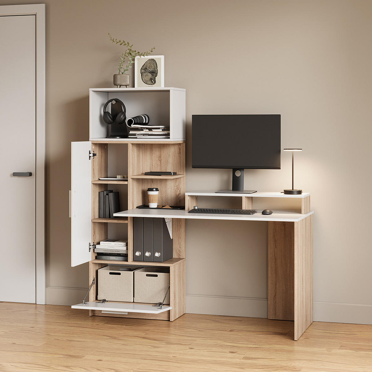 SCHREIBTISCH Lorena Sonoma/Weiß 150 x 120.1 cm mit 2 Türen - Sonoma Eiche, Holzwerkstoff (59.3/150/120.1cm) - Livinity®