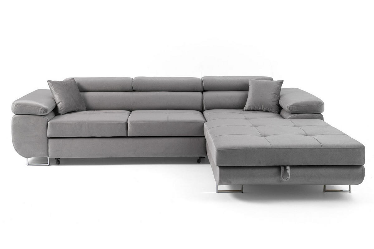 ECKSOFA ALONZO L Rechts mit Schlaffunktion 125x195 Velours Grau - Silberfarben/Grau, Holz/Textil (203/275cm) - Muffo
