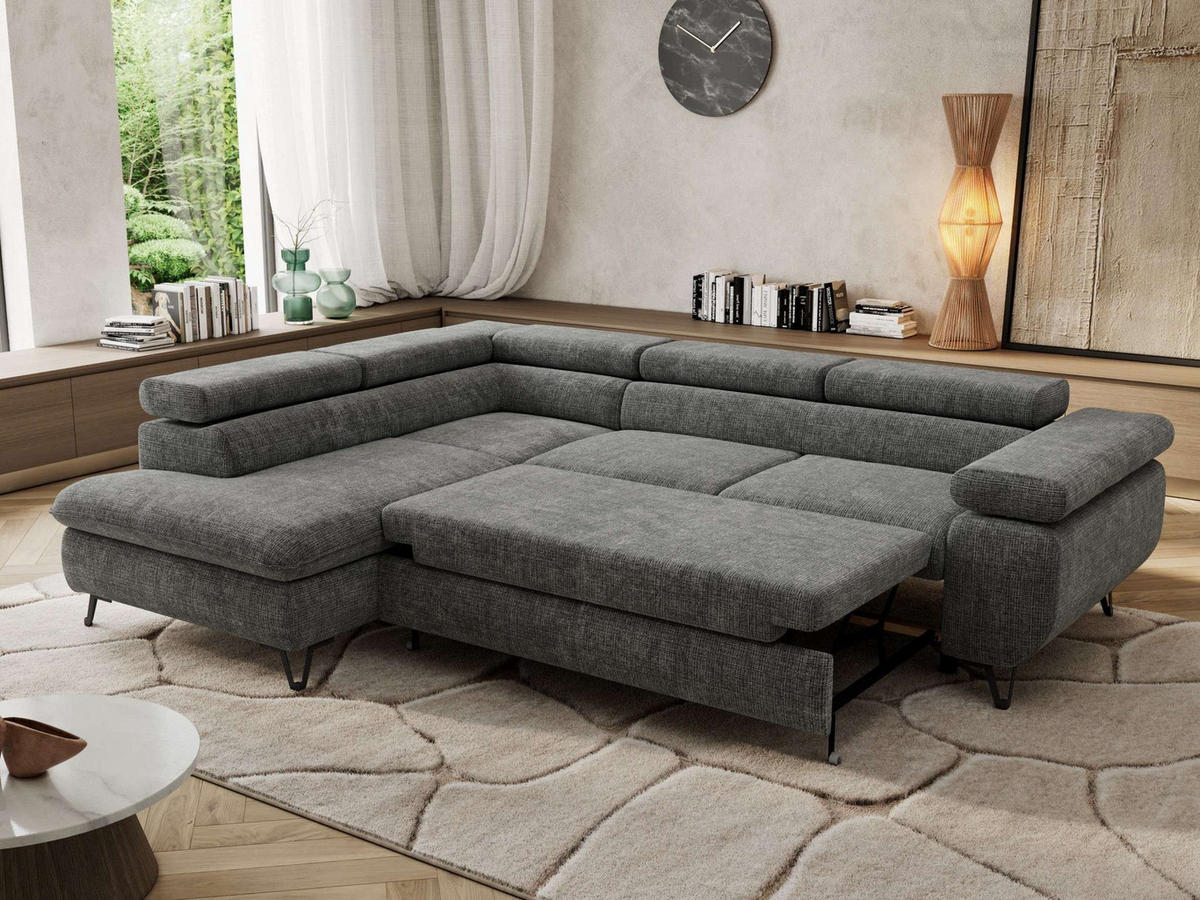 ECKSOFA PABLO L Grau Schenille grob gewebt - Links Seite - Schwarz/Grau, Textil/Metall (208/273cm) - MKS