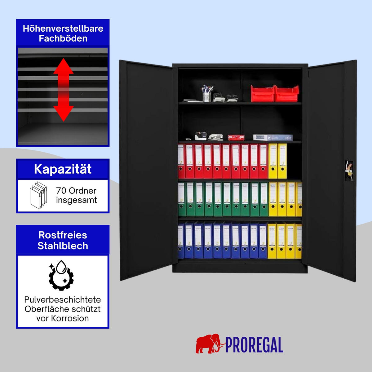 FLÜGELTÜRENSCHRANK Elephant komplett montiert 180x120x40cm 4 Ebenen Schwarz - Schwarz, Metall (120/180/40cm) - PROREGAL