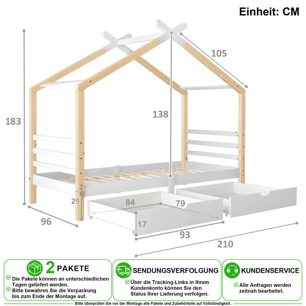 HAUSBETT 90/200 cm in Weiß im Haus-Design mit Schubladen aus Kiefer-Massivholz - Weiß, Holz/Holzwerkstoff (90/200cm) - CHICFURN