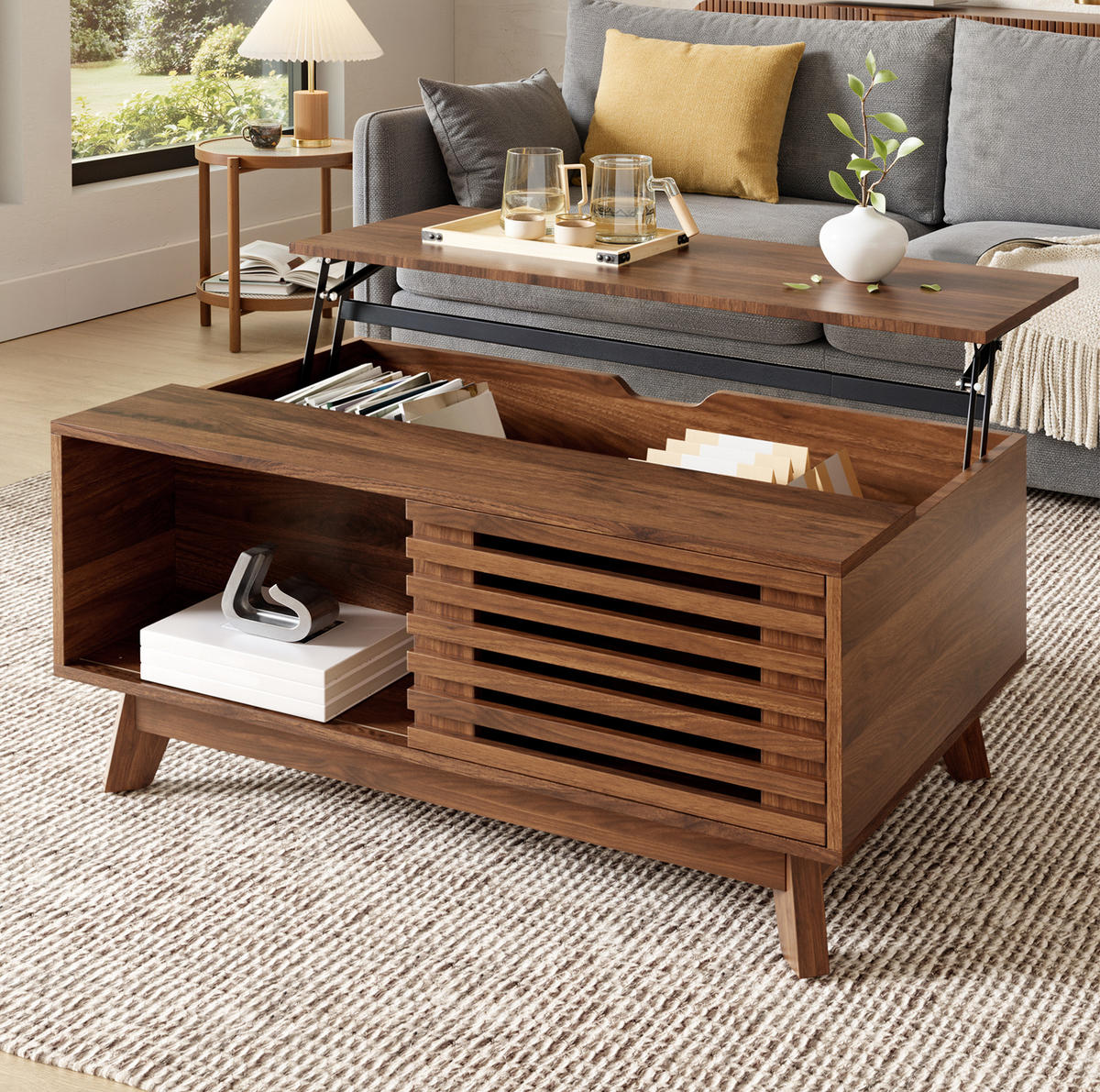 COUCHTISCH aus MDF 90x55x57,5 cm in Nussbaum mit höhenverstellbarer Platte - Nussbaumfarben, Holzwerkstoff (90/55/57.5cm) - Modfu