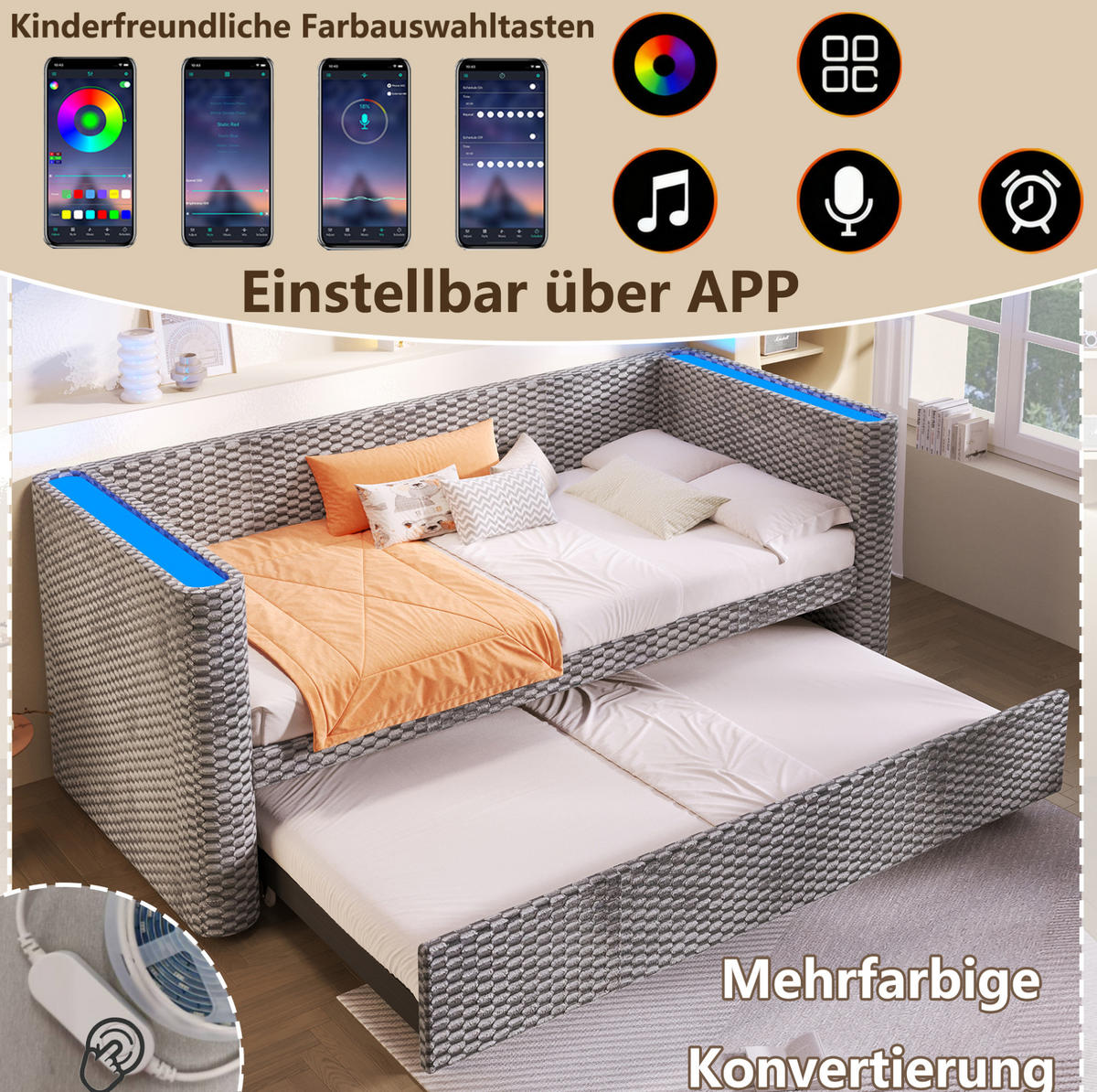 TAGESBETT aus Samt 90x200 cm Grau mit Ausziehfunktion, LED-Beleuchtung und umklappbarer Liegefläche 180x200 cm - Grau, Textil (90/200cm) - Modfu