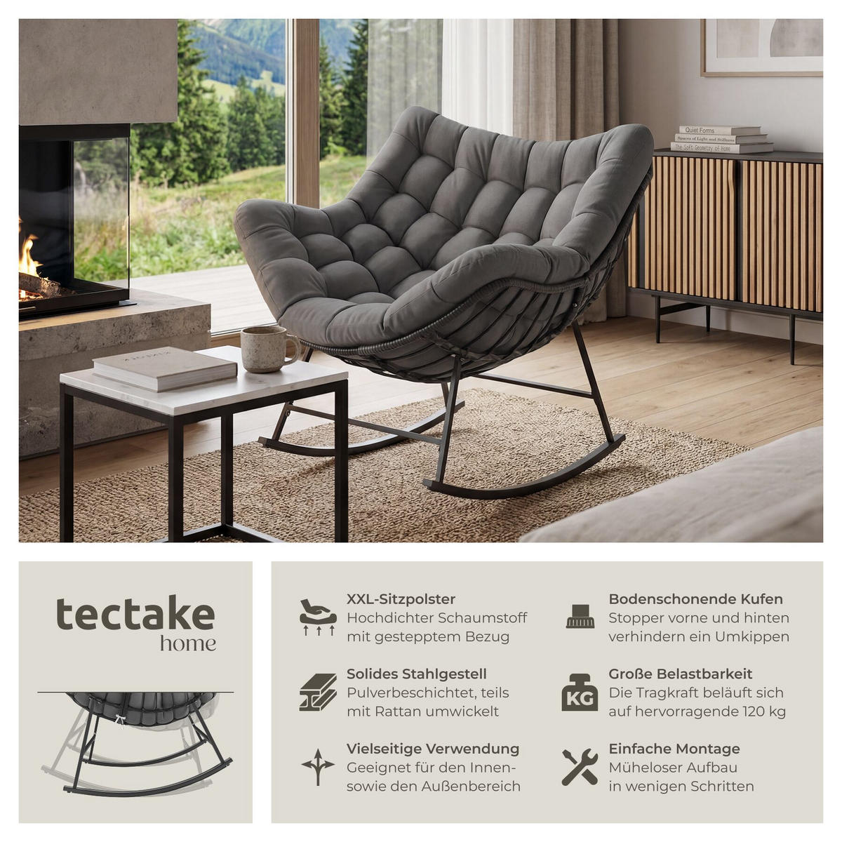 SCHAUKELSTUHL Tami, 93 x 99,5 x 89 cm, anthrazit - Anthrazit, Kunststoff (93/89/99.5cm) - tectake